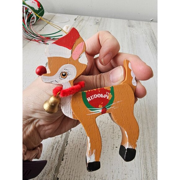 Wooden vintage Rudolph reindeer deer ornament set plush Noel Xmas tree both orna - Picture 10 of 10